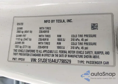 2020 Tesla Model 3 Standard Range Plus Rear-Wheel Drive/Standard Range Rear-Wheel Drive from USA, damaged, VIN 5YJ3E1EA4LF798529